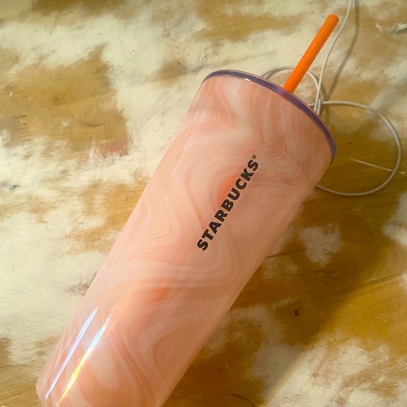 Starbucks Pink/Coral Marble Swirl Glass 20oz Tumbler 2017 Original Lid AND Straw